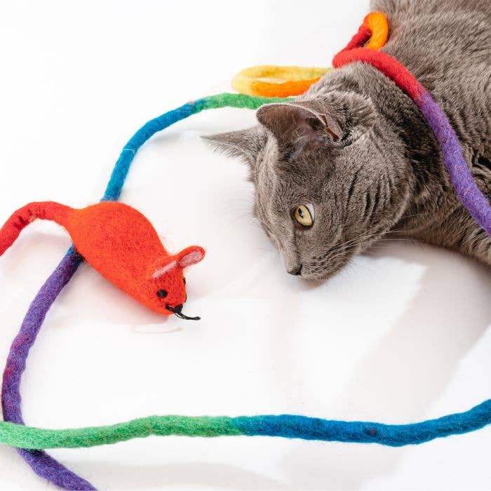 Wool Mouse Cat Toy 6-Foot-Tail - all-red, rainbow, unicorn